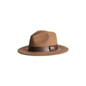 H&M Wool Women's Hat Faux Leather Banded Fedora Boho Size L / 58 Dark Beige